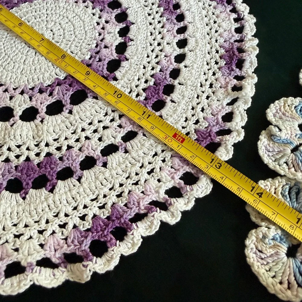Vintage Crochet Doily Set 4pc Round Lace Variegated Purple Orange Blue Pastel
